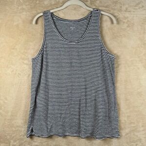 Garnet Hill Womens Large Organic Linen Striped Tank Top Navy White Scoop Neck